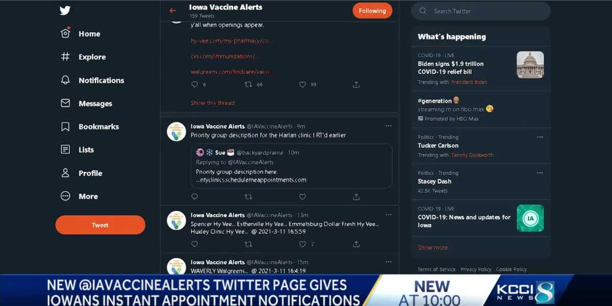 Brian Finley launched an automated Twitter page, @IAVaccineAlerts, earlier this month. The website sends out a list of available appointments at Iowa Hy-Vee, CVS and Walgreens pharmacies.