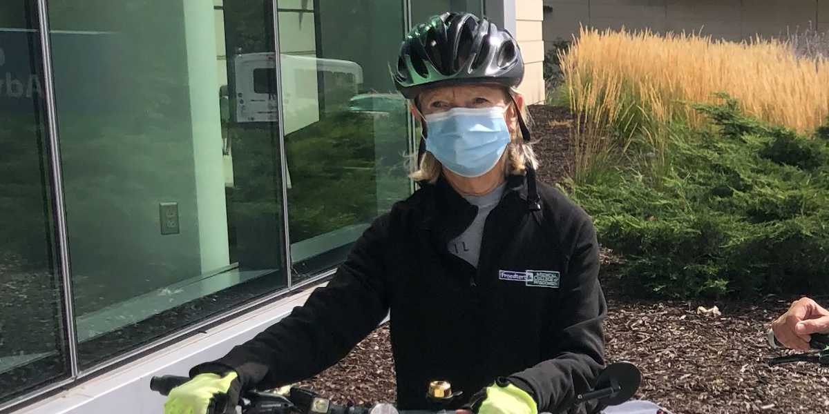 Kathleen Kramer received a heart transplant 20 years ago. Every year she visits doctors to check on her heart's health. This year, she rode her bike to the check-up! 